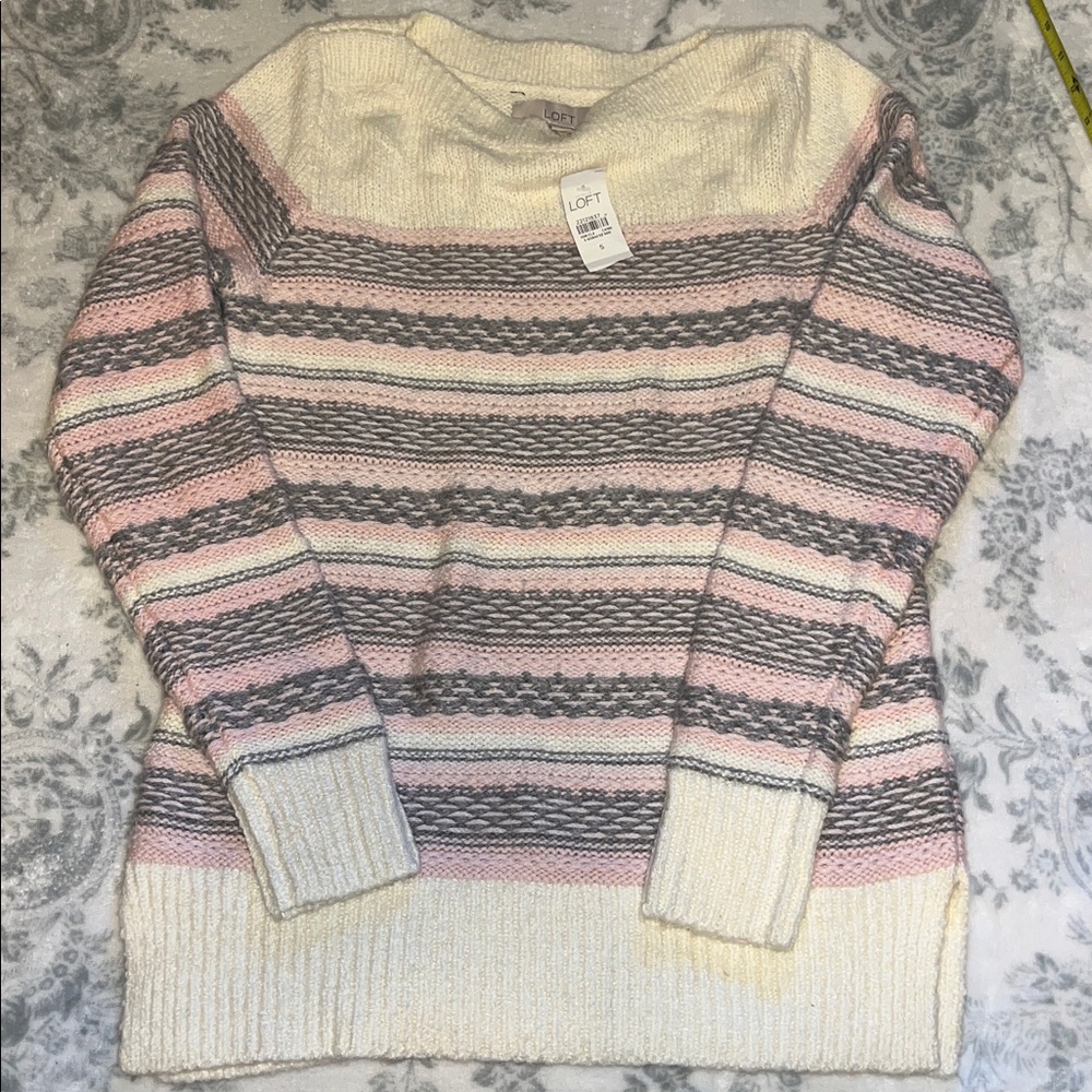 Loft Fair Isle Stripes Sweater Small Cotton Wool Blend Beige Gray Pink NWT